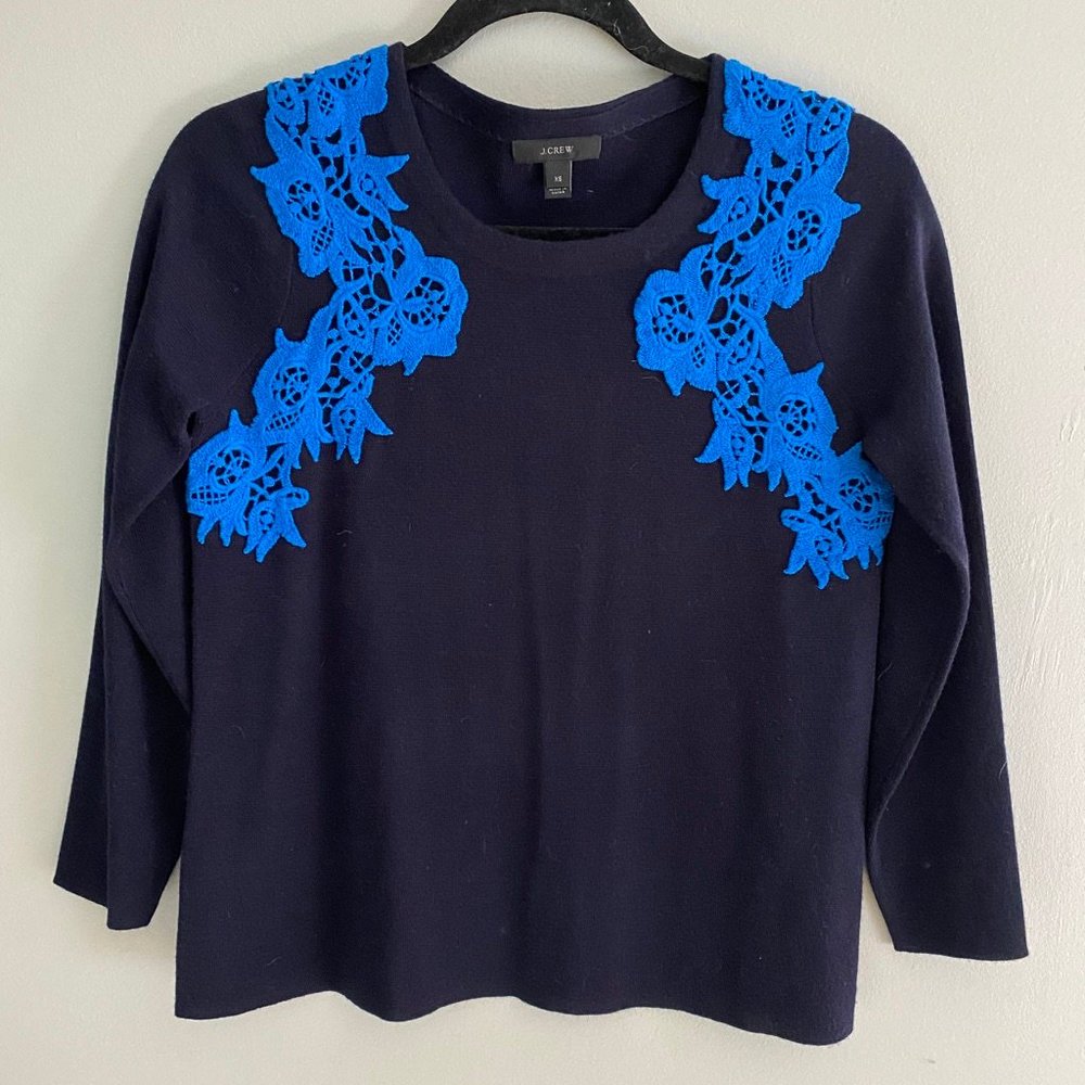 J Crew Sweater Pullover Navy Lace Accent Merino